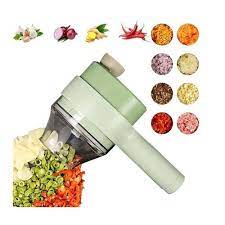 Coupe-légumes électrique 4 en 1, portable et multifonction, avec légumes hachés en dessous.