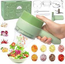 Coupe-légumes électrique 4 en 1, multifonction, portable, avec légumes frais et accessoires de cuisine.