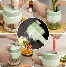 Electric vegetable chopper 4-in-1, multifunctional kitchen tool for slicing, chopping, grating, and dicing.